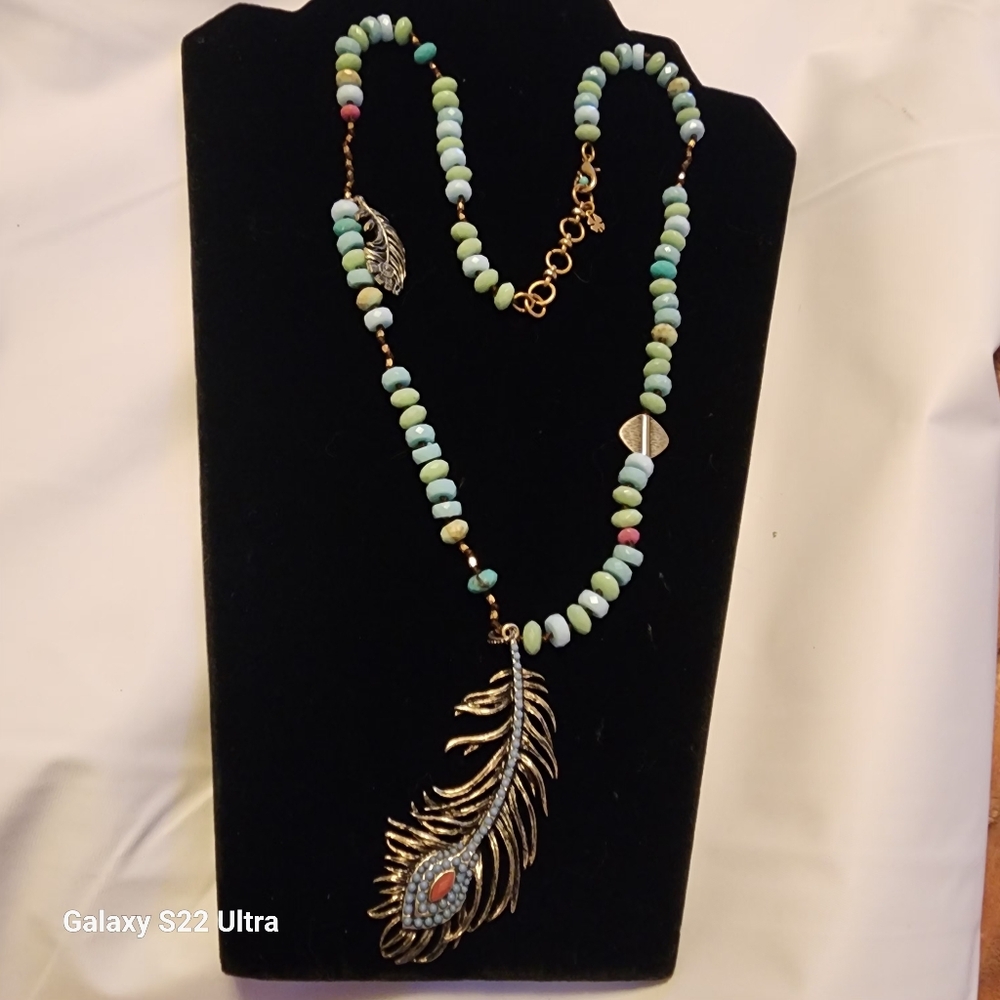 Lucky Brand 34" Southwestern Turqouise Coral Colored Silver Feathers NECKLACE